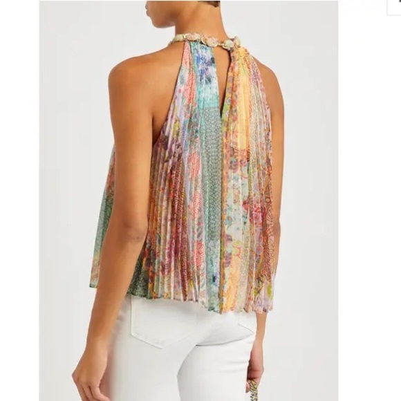 Alice + Olivia Alycia Printed Pleated Chiffon Top Halter Multicolor - Picture 4 of 13
